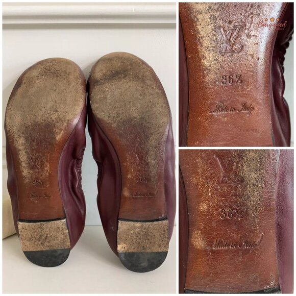 Authentic Louis Vuitton Maroon Leather Reptile Toe Bow Scrunch Ballet Flats 6.5 - Picture 6 of 10